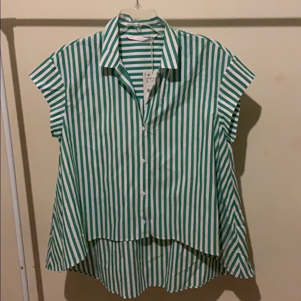 Zara green and white striped button up